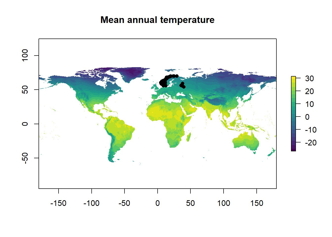 The distribution of sparrows with mean annual temperature